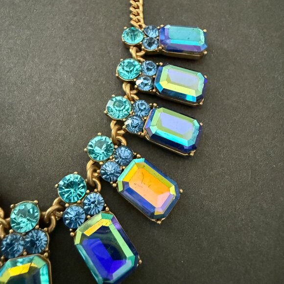 J Crew Statement Necklace Iridescent Blue Turquoise Crystal Stones Gold Adjustab - Picture 7 of 16